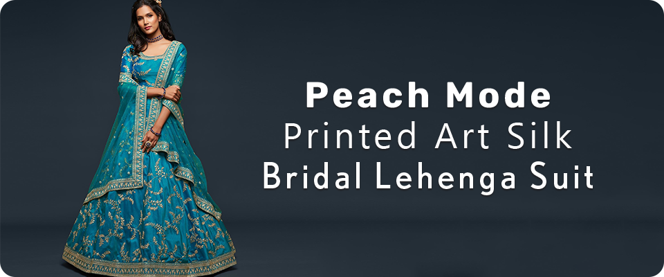 Peach Mode Printed Art Silk Bridal Lehenga Suit