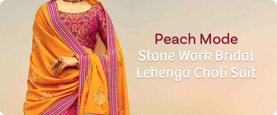 Peach Mode Stone Work Bridal Lehenga Choli Suit