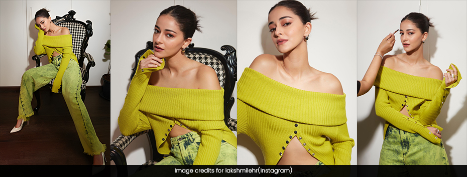 Ananya Slays Winter Look with Green Denims & Off-Shoulder Top