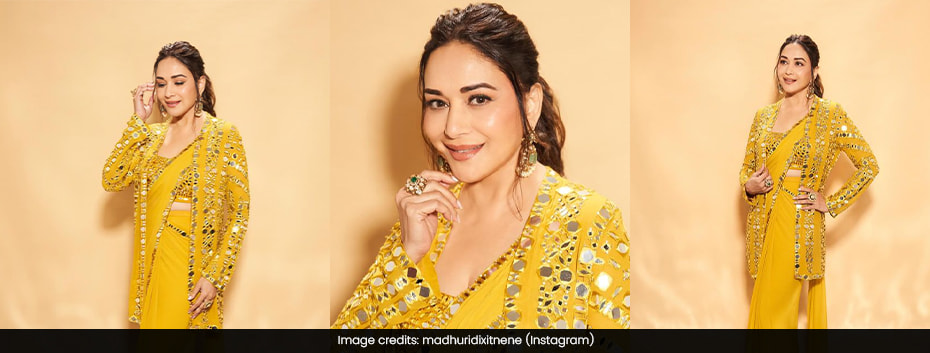 Madhuri Dixit Slays in Sunshine-Draped Mirror-Work Saree